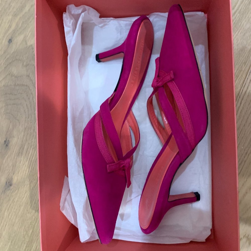 Judith Leiber Suede Fuchs Pink Heels